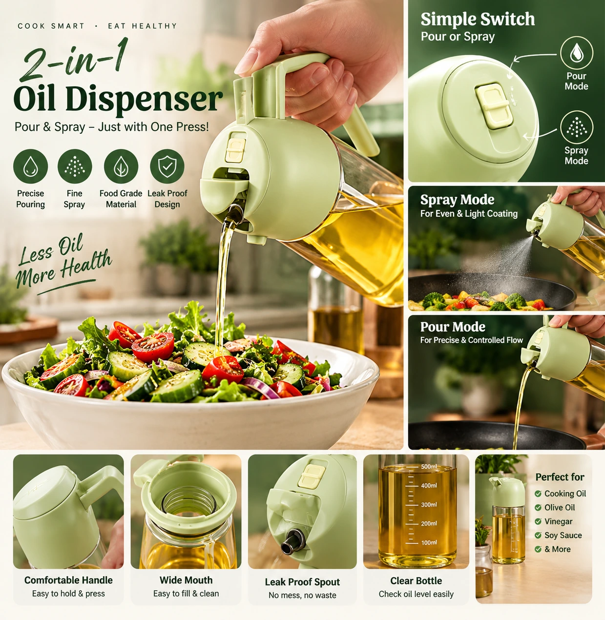 2-in-1 Oil Dispenser & Sprayer – Pour & Spray Kitchen Bottle